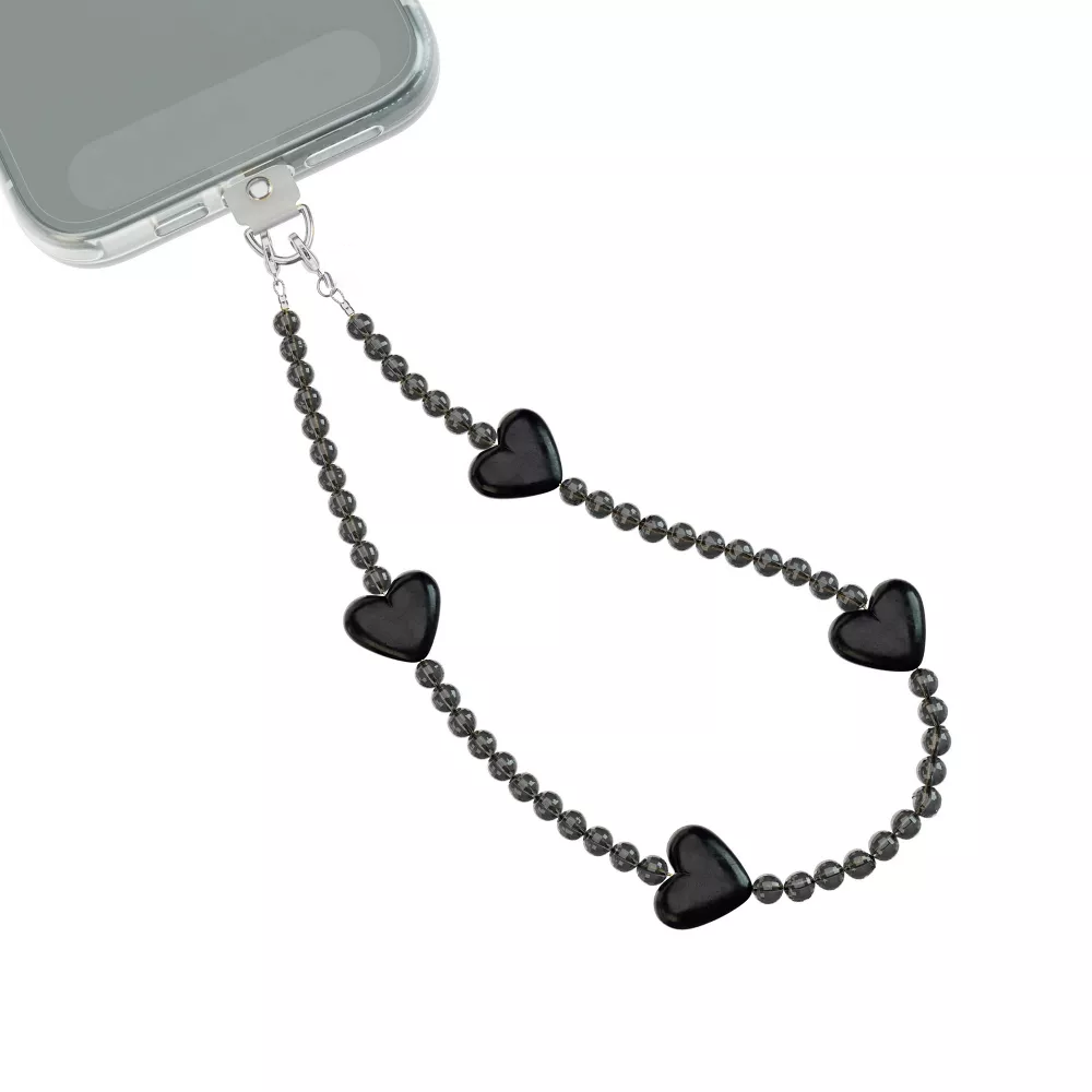 Black Heart Beaded Phone Lanyard Charm with Inset Tab