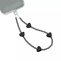 Black Heart Beaded Phone Lanyard Charm with Inset Tab