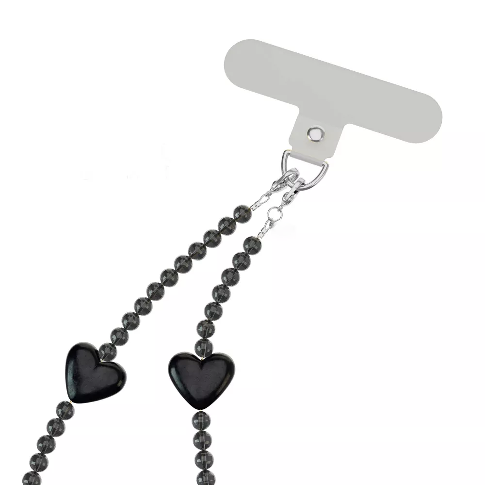 Black Heart Beaded Phone Lanyard Charm with Inset Tab