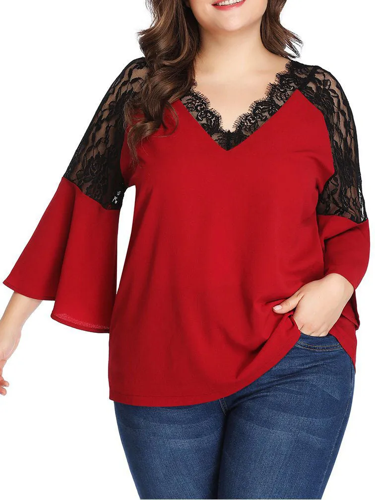 Large Size Lace Contrast Stitching Chiffon Shirt Top