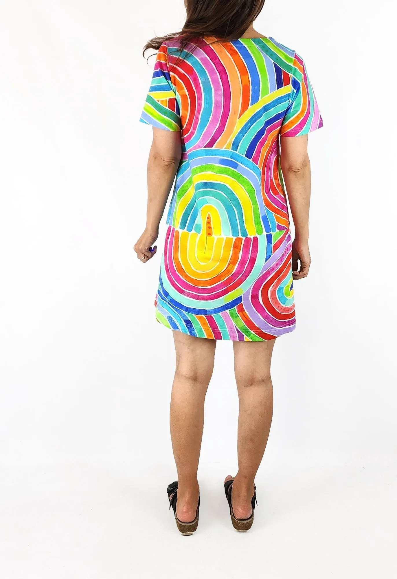 Lordy Dordy rainbow print t-shirt dress size XS, fits 6 and 8