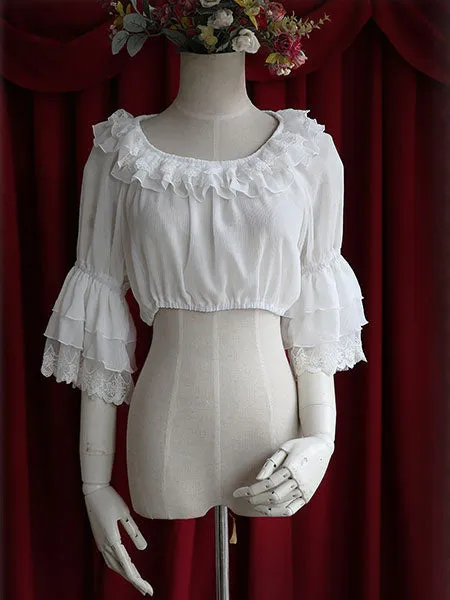 White Chiffon Lolita Blouse Middle Hime Sleeves Lace Trim High Waist